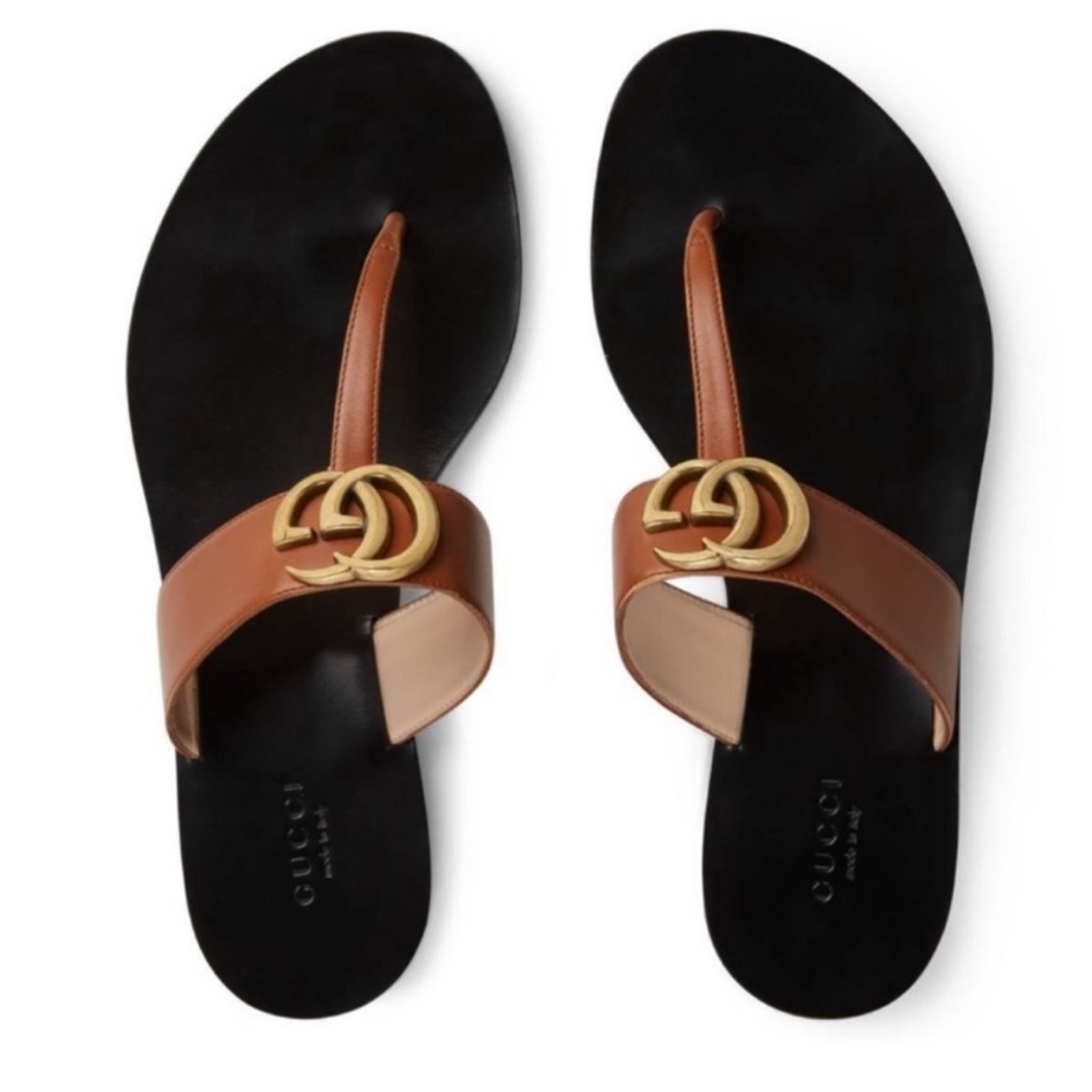 GUCCI Marmont Leather Thong Sandal with Double G EU 36.5 Brown